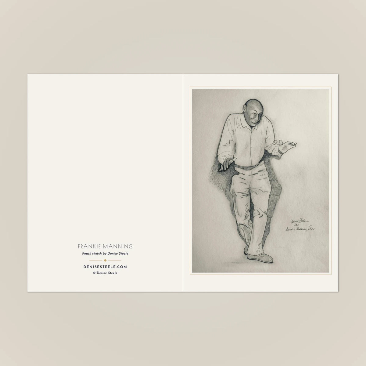 Frankie Manning greeting card opened out, with the pencil sketch on the front and the title and credit on the back