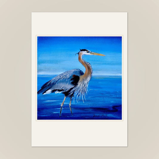 Front of the My Blue Heron greeting card: Denise Steele's painting with a gold hairline border on cream card