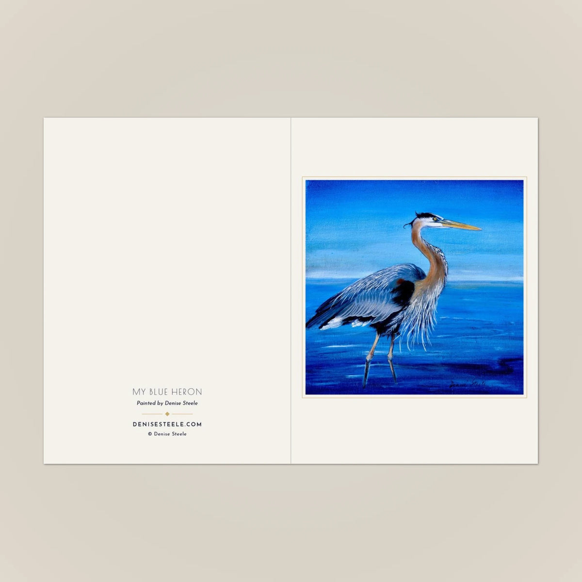 My Blue Heron greeting card opened out, with the painting on the front and the title and credit on the back