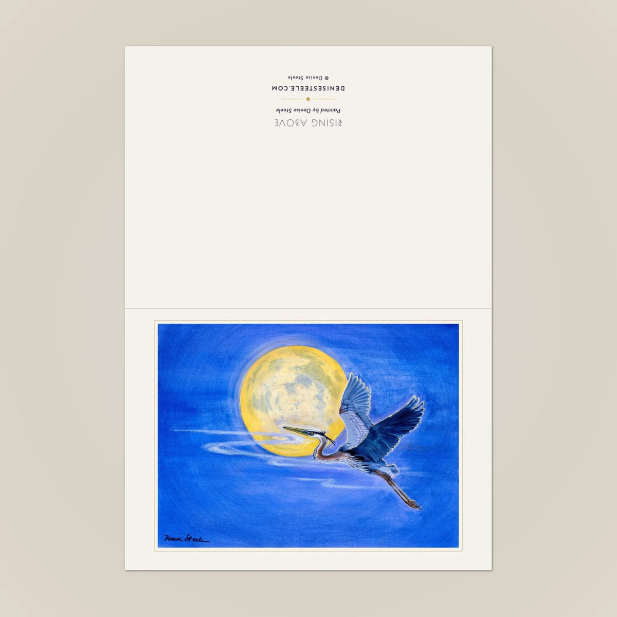 Rising Above greeting card opened out, with the painting on the front and the title and credit on the back