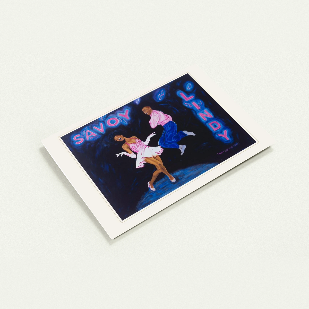 Savoy Lindy greeting card by Denise Steele: Frankie Manning and Willa Mae Ricker dancing beneath the Savoy neon