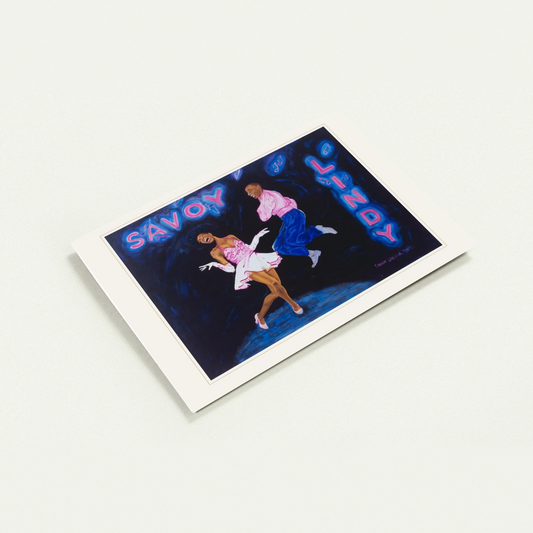 Savoy Lindy greeting card by Denise Steele: Frankie Manning and Willa Mae Ricker dancing beneath the Savoy neon