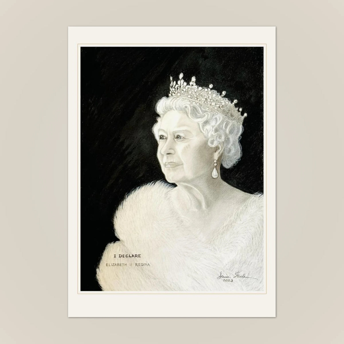 Front of the I Declare greeting card: Denise Steele's charcoal and pencil portrait with a gold hairline border on cream card