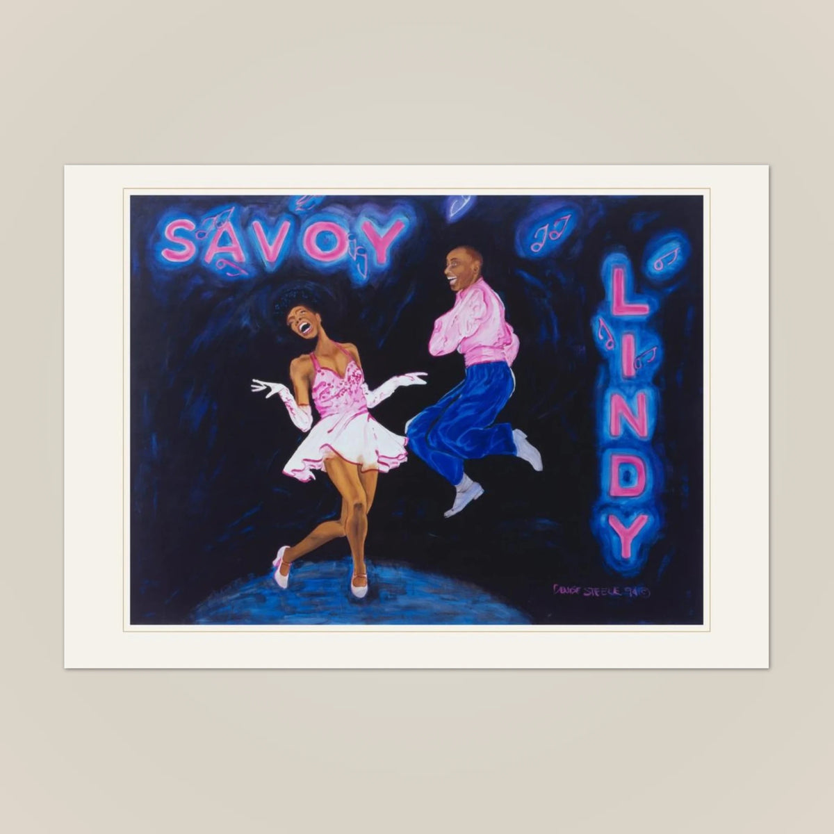 Front of the Savoy Lindy greeting card: Denise Steele's painting with a gold hairline border on cream card