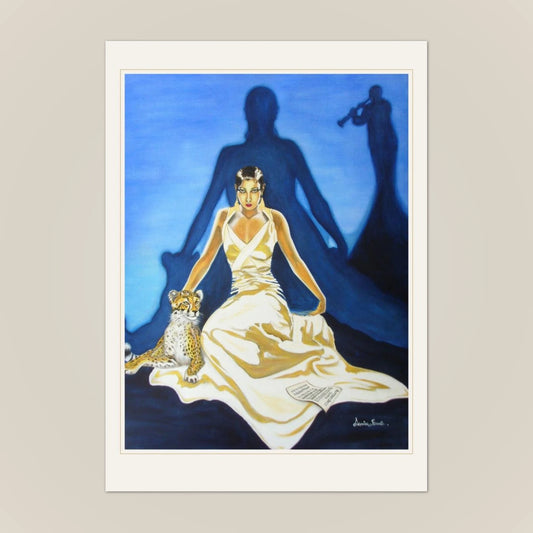 Front of the Blues My Naughty Sweetie Gives To Me greeting card: Denise Steele's painting with a gold hairline border on cream card