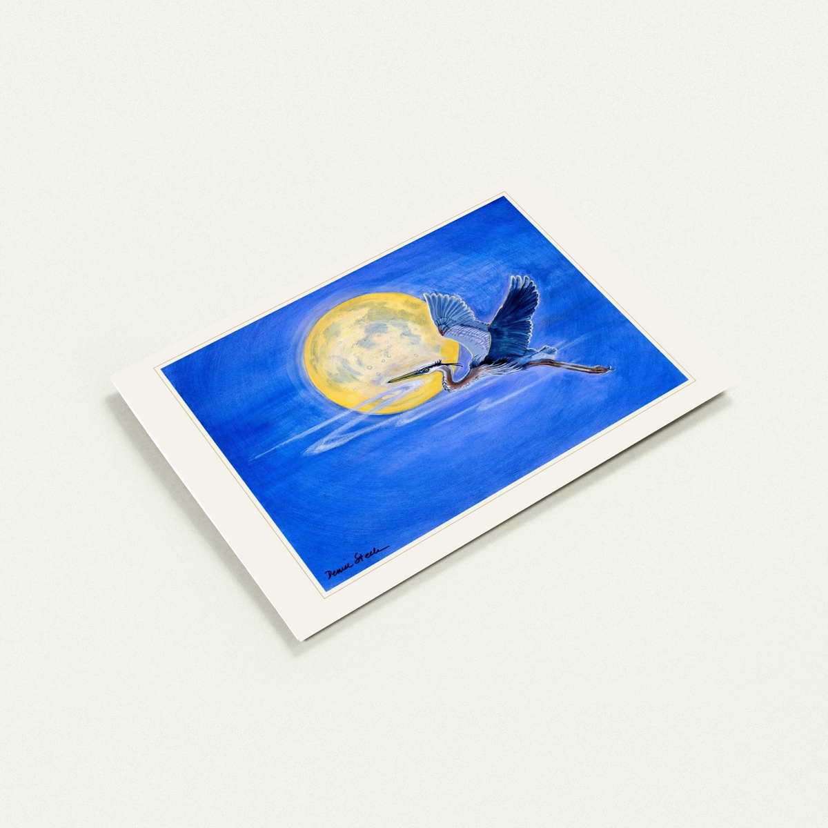 Rising Above greeting card by Denise Steele: a heron in flight across a full moon