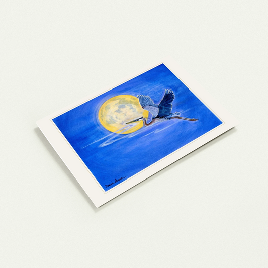 Rising Above greeting card by Denise Steele: a heron in flight across a full moon