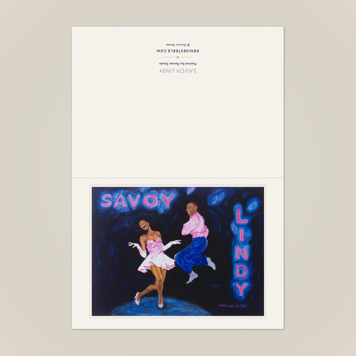 Savoy Lindy greeting card opened out, with the painting on the front and the title and credit on the back