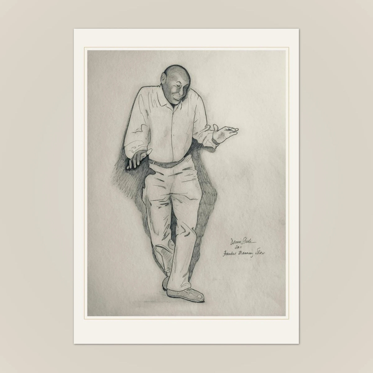 Front of the Frankie Manning greeting card: Denise Steele's pencil sketch with a gold hairline border on cream card