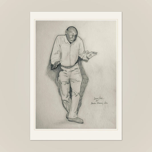 Front of the Frankie Manning greeting card: Denise Steele's pencil sketch with a gold hairline border on cream card