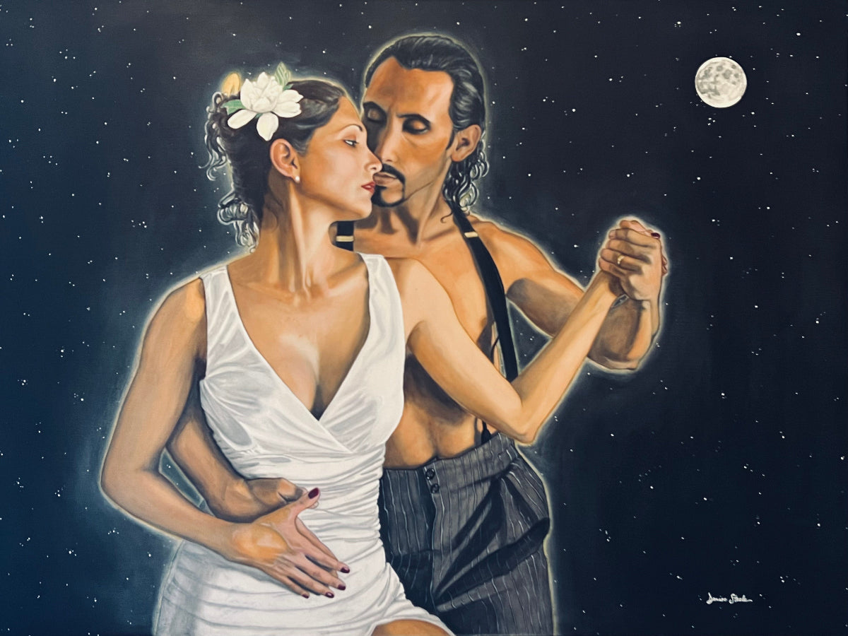 Painting of a tango couple dancing beneath a full moon and a star-filled sky, the woman in a white dress with a gardenia in her hair