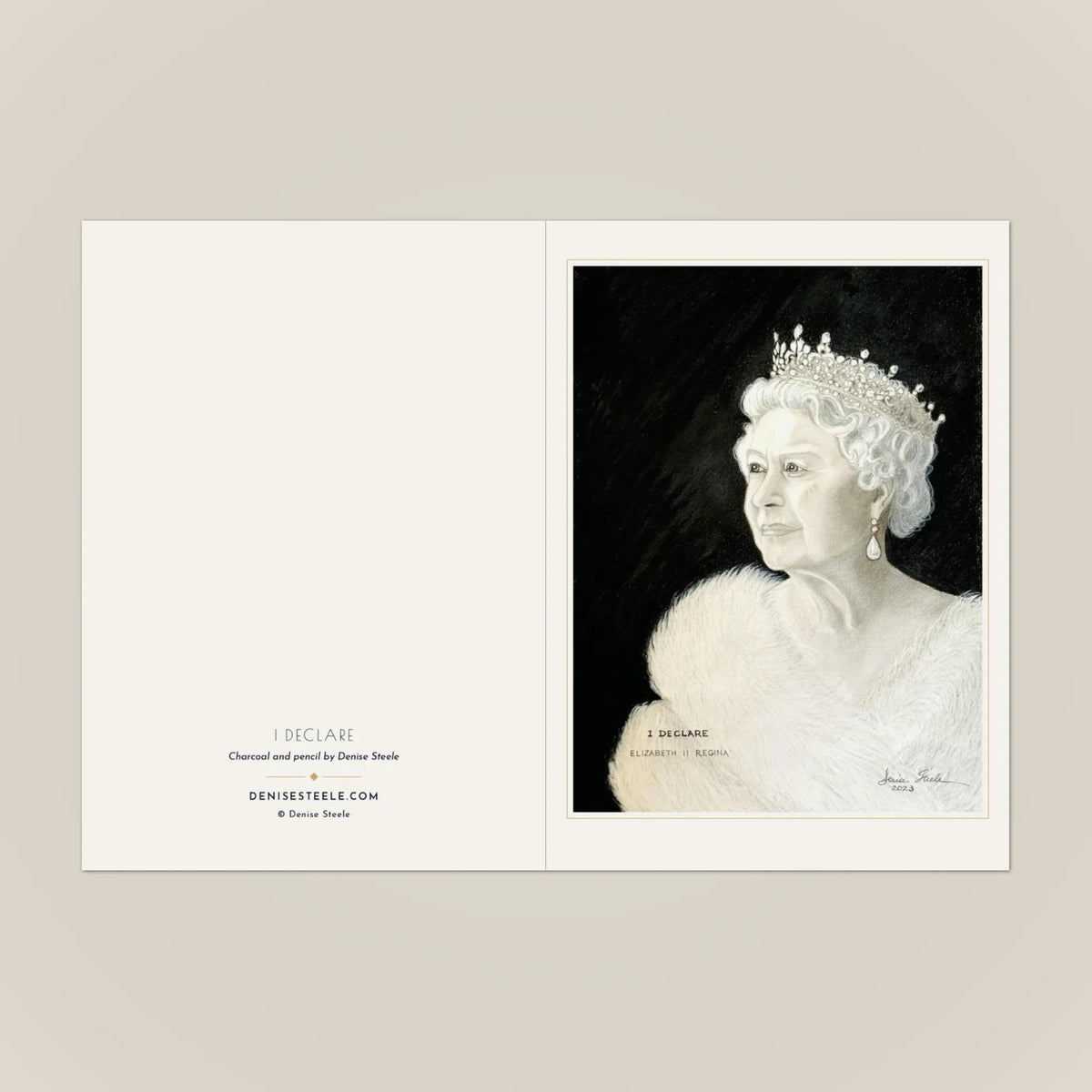 I Declare greeting card opened out, with the charcoal and pencil portrait on the front and the title and credit on the back