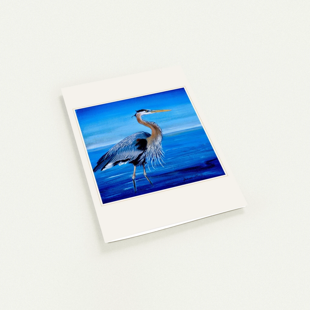 My Blue Heron greeting card by Denise Steele: a blue heron standing in the shallows
