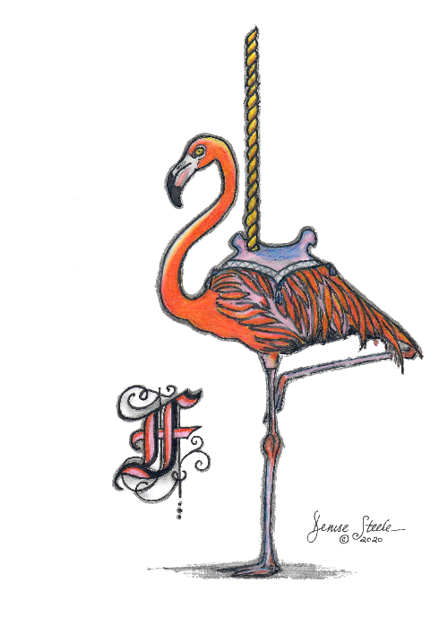 F is for Flamingo — carousel illustration by Denise Steele