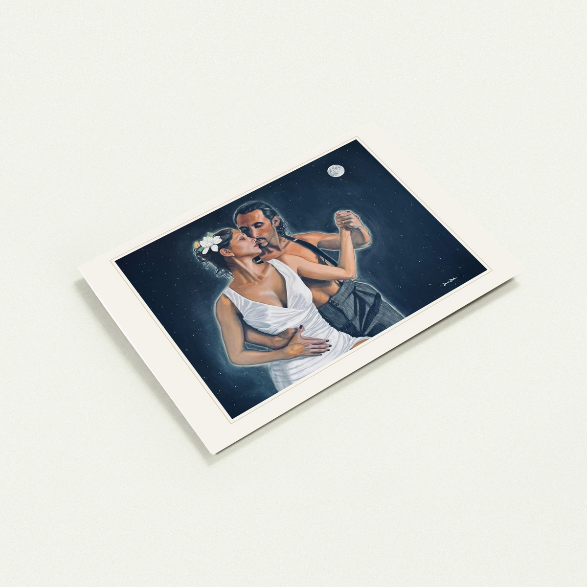 At Last greeting card by Denise Steele: Flavia and Pablo dancing beneath a full moon