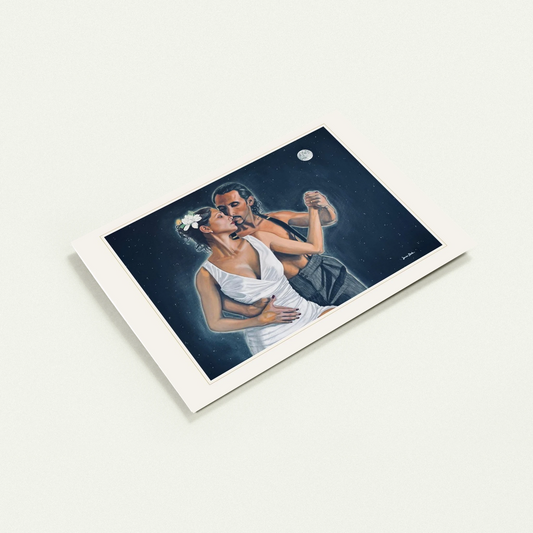 At Last greeting card by Denise Steele: Flavia and Pablo dancing beneath a full moon