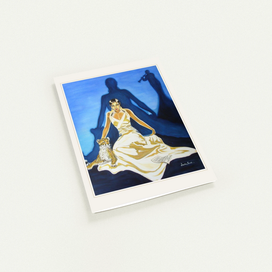 Blues My Naughty Sweetie Gives To Me greeting card by Denise Steele: Josephine Baker poised above the Paris skyline with her cheetah Chiquita