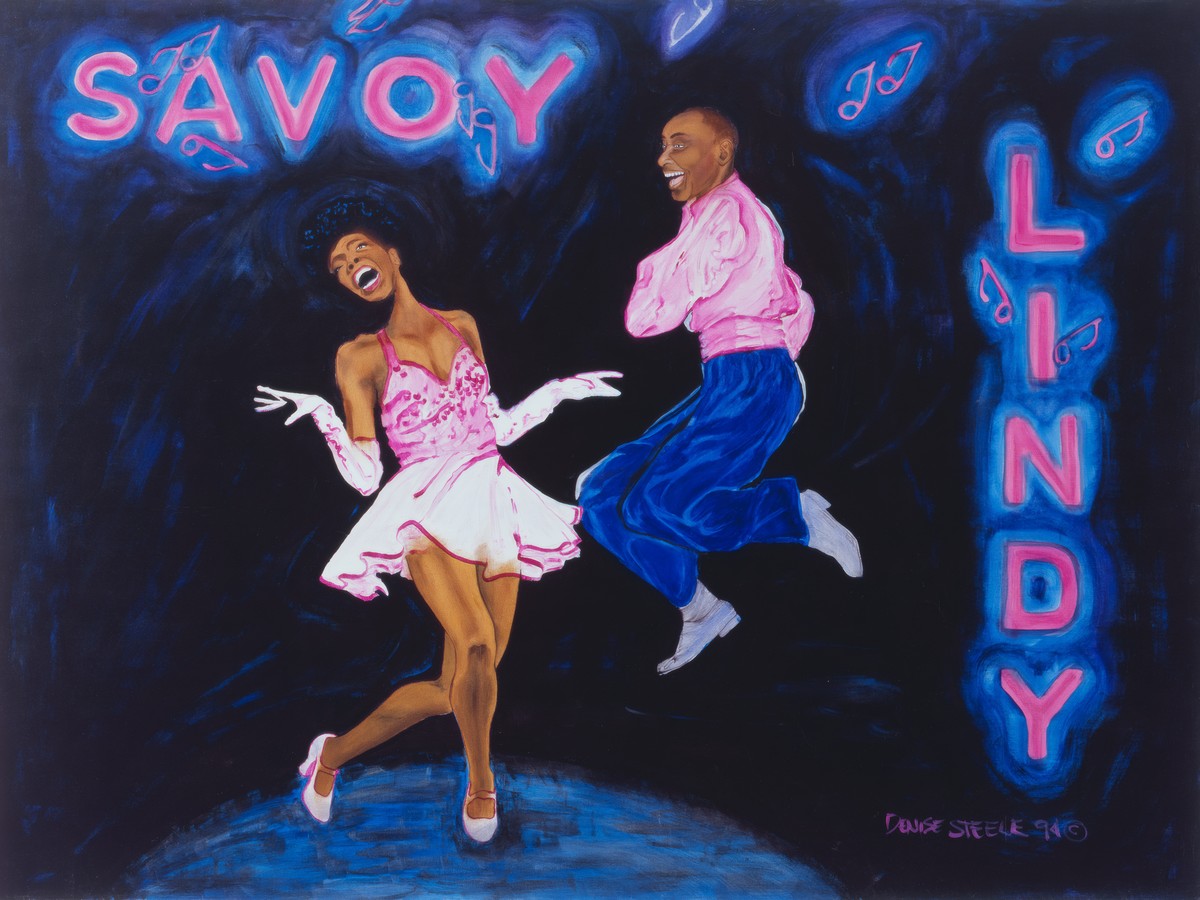 Savoy Lindy — painting of Frankie Manning and Willa Mae Ricker mid-swing in pink and blue, with Savoy and Lindy in neon lettering