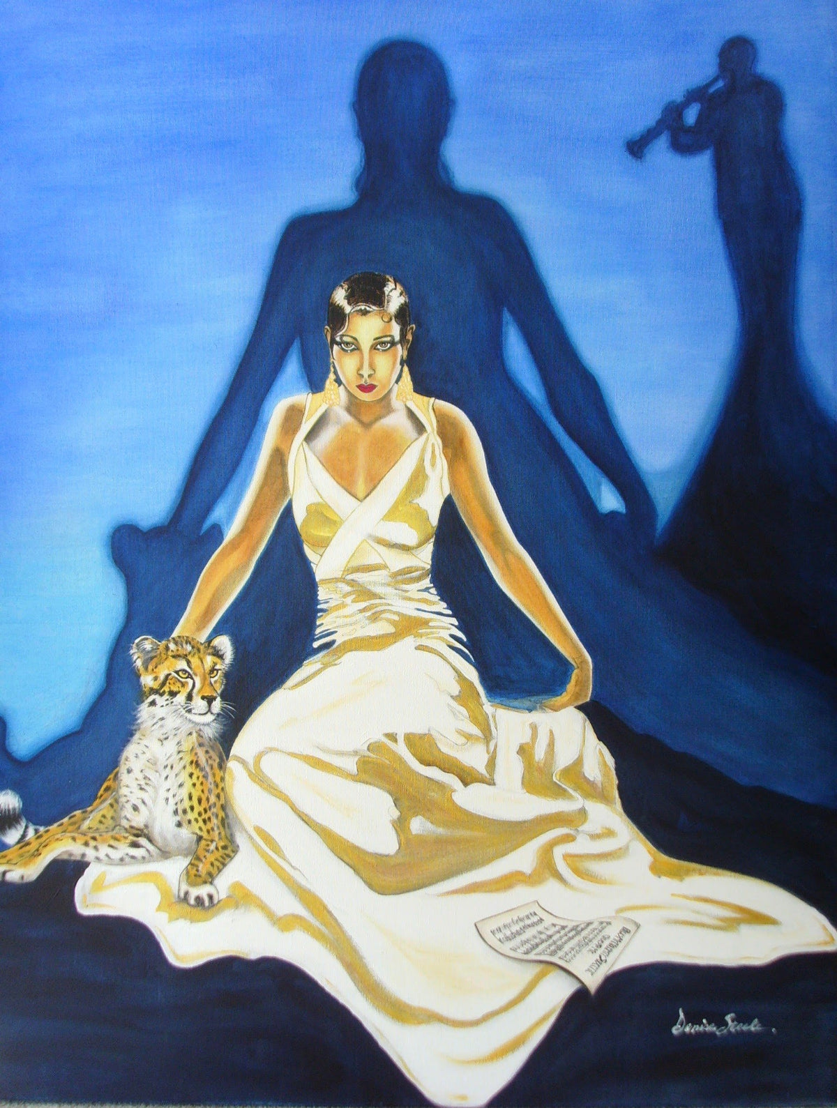Painting of Josephine Baker in a white and gold gown, seated with a leopard, with silhouettes of jazz musicians behind her