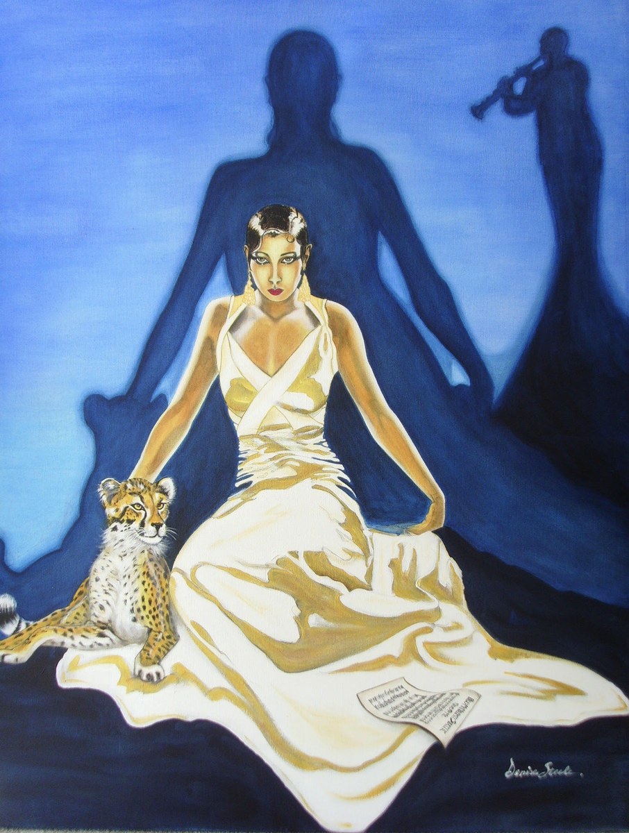 Denise Steele's painting of Josephine Baker in a white and gold gown, seated with her cheetah Chiquita