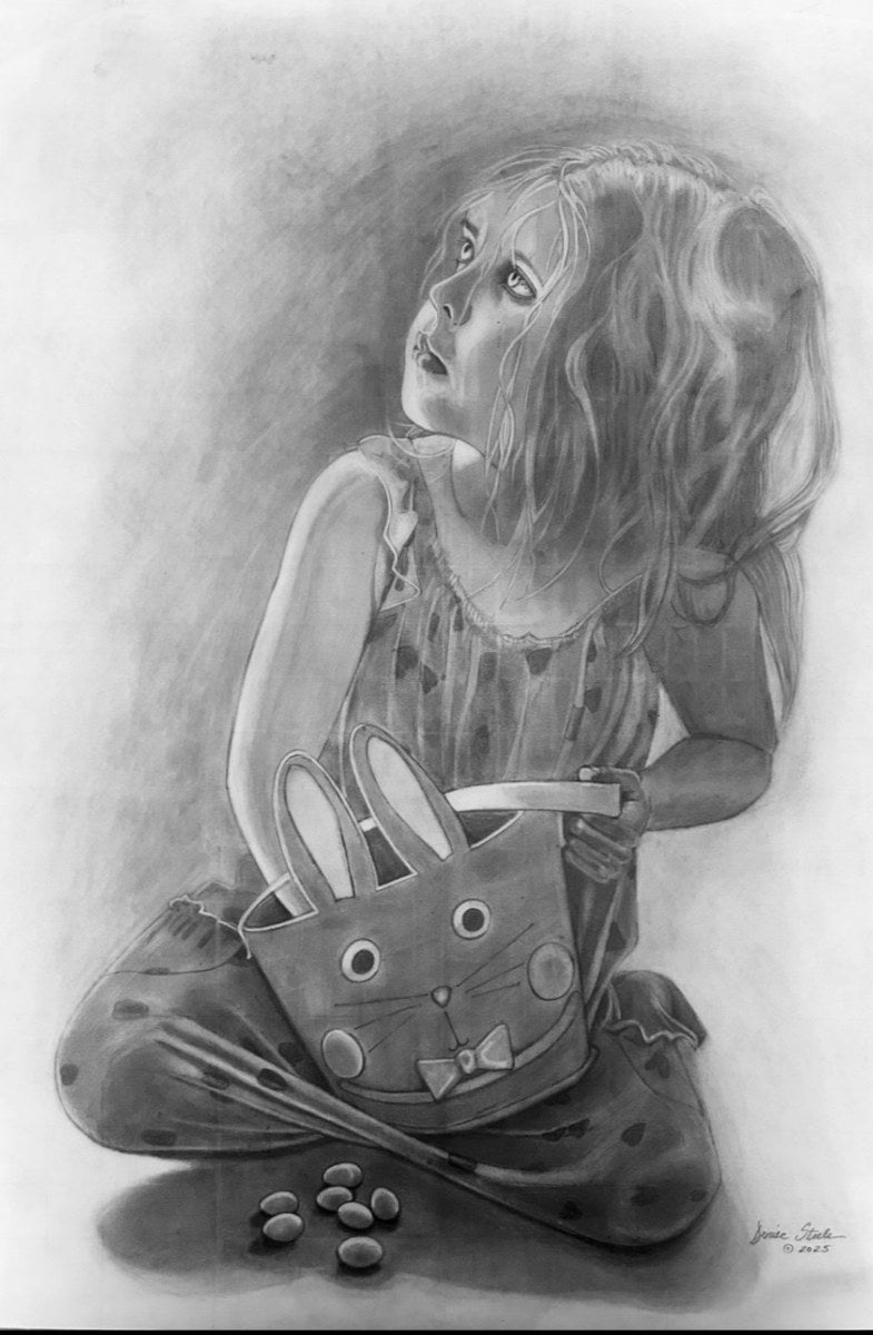 Mum… How Many?, Denise Steele's graphite and charcoal drawing of her niece Ana after an Easter egg hunt