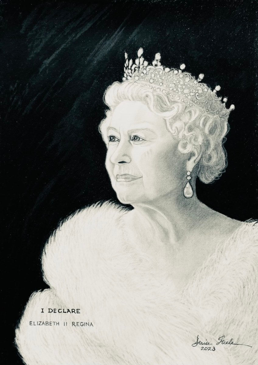 I Declare, Denise Steele's charcoal and pencil portrait of Queen Elizabeth II, in black and white except for her blue eyes