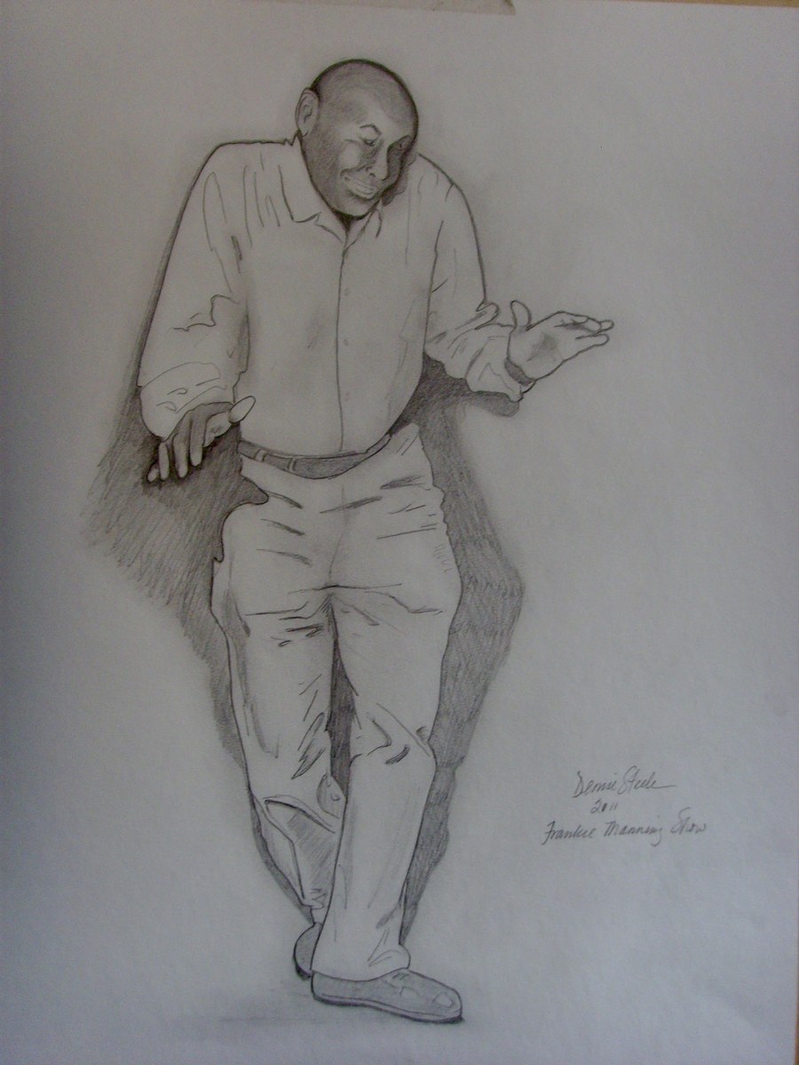 Denise Steele's pencil sketch of Frankie Manning mid-step, arms loose, grinning